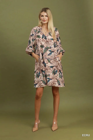 The Brielle Floral Print Split V-Neck Bubble Sleeve Dress with Smocked Yoke