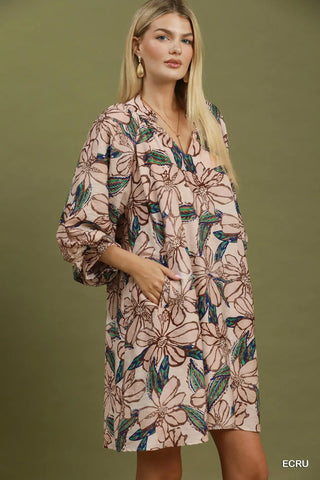 The Brielle Floral Print Split V-Neck Bubble Sleeve Dress with Smocked Yoke
