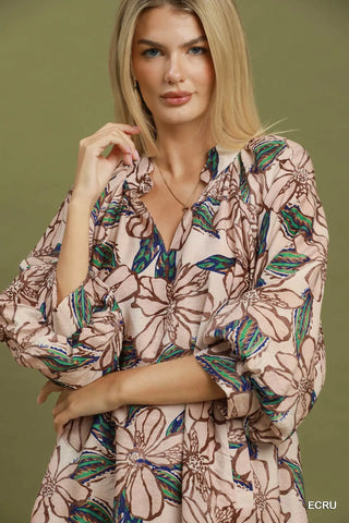 The Brielle Floral Print Split V-Neck Bubble Sleeve Dress with Smocked Yoke