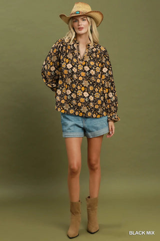 The Betsy Mix Floral Print Split Neck Blouse