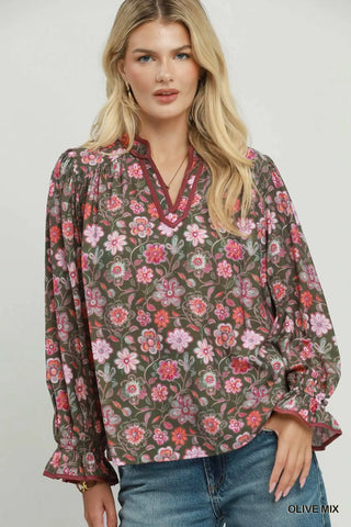 The Betsy Mix Floral Print Split Neck Blouse