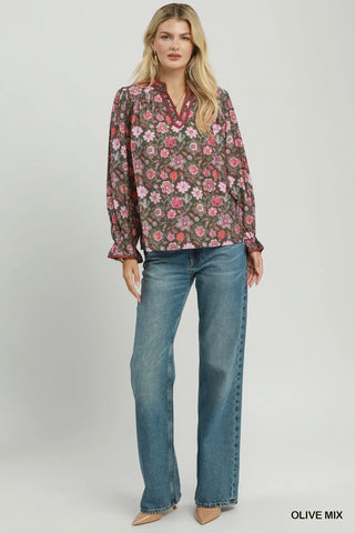 The Betsy Mix Floral Print Split Neck Blouse
