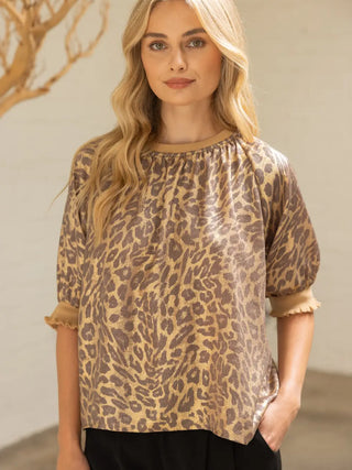The Aria Raglan Puff Sleeve Metallic Animal Print Top