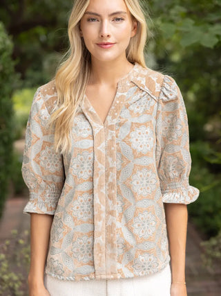 The Ava Smocked Puff Sleeve Geometric Velvet Jacquard Top