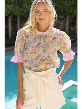The Margaret Stripe Ruffle Detail Floral Embroidered Print Top