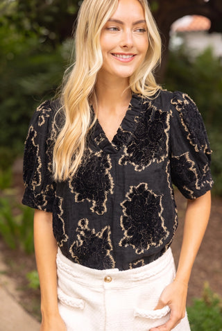The Autumn Ruffled V-Neck Textured Burnout Velvet Top