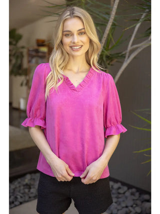 Wide Ruffle V Neck Suede Top
