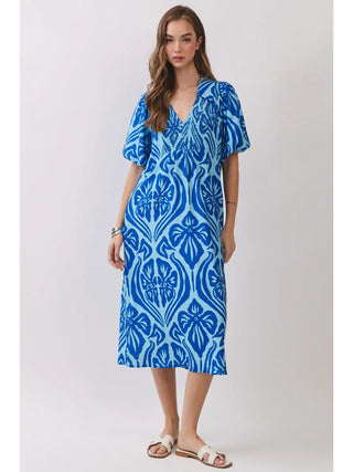 Mira Blue Medallion Print Midi Dress