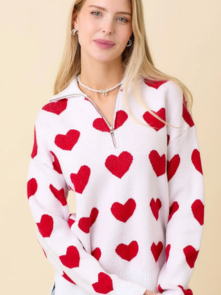 White Half Zip Sweater with Red Heart Pattern