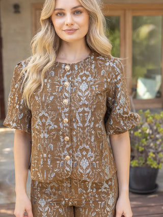 The Alice Gold Button Down Floral Jacquard Top