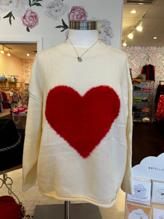 Cream Fuzzy Heart Sweater