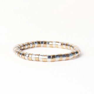 Lucille Round Stretch Bead Bracelet Alternating Silver and Gold