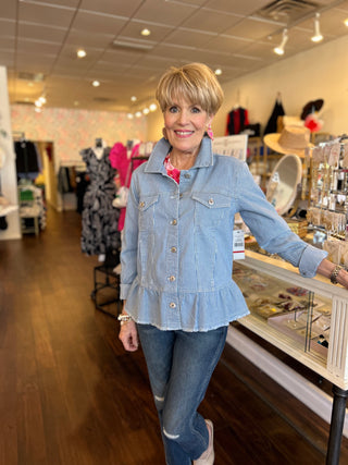 CUFFED PEPLUM JACKET - MEDIUM DENIM