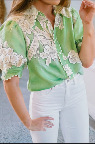 Floral Ric Rac Edge Puff Sleeve Button Up