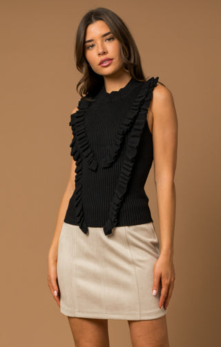 Mock Neck Sleeveless Ruffle Ribbed knit Top