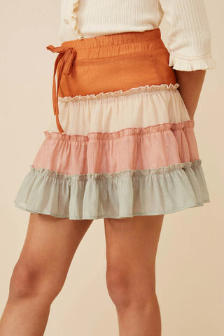 Drawstring Color Blocked Textured Tiered Skirt