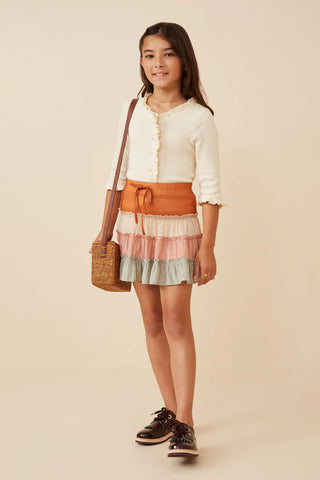 Drawstring Color Blocked Textured Tiered Skirt