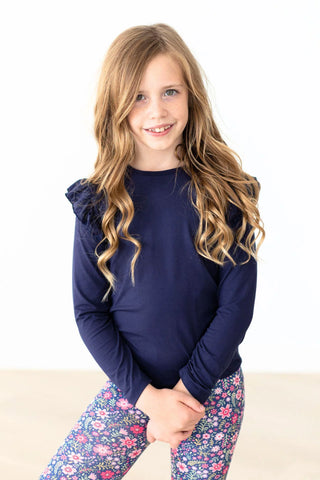 Navy Long Sleeve Ruffle Top