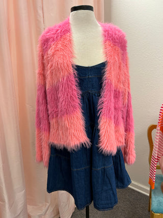 Layla Pink Fuzzy Colorblock Cardigan