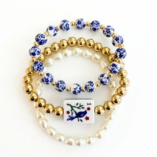 Mahjong Tile Mixed Bead Stretch Bracelet - Blue Bird