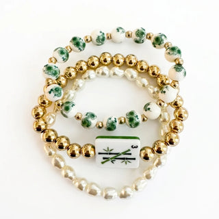 Mahjong Tile Mixed Bead Stretch Bracelet - Jade Bamboo