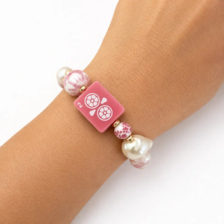 Mahjong Tile Mixed Bead Stretch Bracelet - Lucky Pink