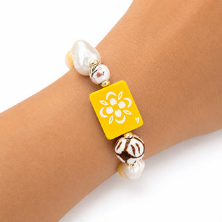Mahjong Tile Mixed Bead Stretch Bracelet - Golden Bloom