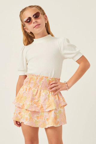 Textured Floral Smocked Waist Skirt