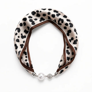 Satin Twilly Scarf Necklace with Jeweled Magnetic Clasp - Leopard Print