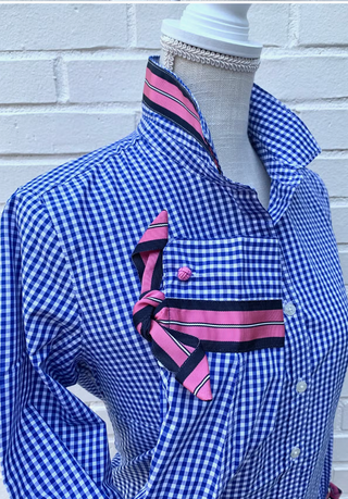 Audrey Ribbon Fc-Royal Gingham w/ Pink Navy Stripe Ribbon