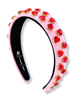 PINK VELVET THIN HEADBAND WITH RED HEART CRYSTALS