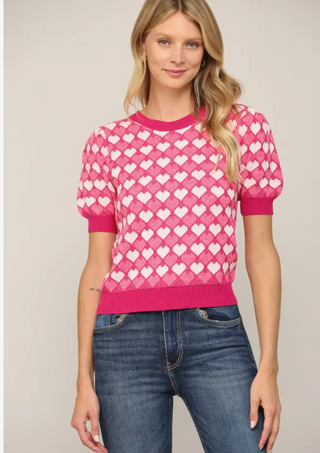 Short Sleeve Heart Pattern Jacquard Knit