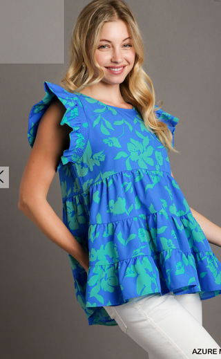 Two Tone Floral Print Tiered Baby Doll Top