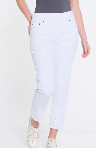 EYELET & FRINGE HEM DENIM ANKLE JEAN - WHITE