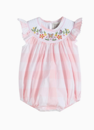 Large Pink Check Butterfly Garden Smocked Romper