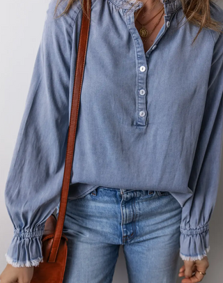 Ona Frilled Raw Hem Half Buttoned Denim Top