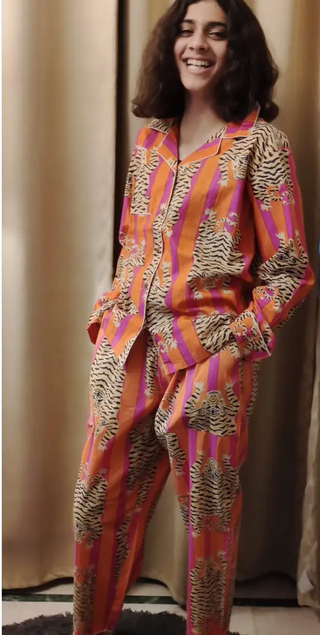 Cotton Tiger Print Long Pajama Set - Orange & Pink