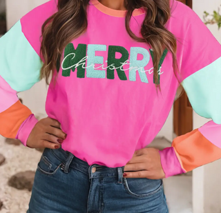 Merry Christmas Patched Colorblock Top