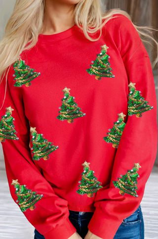 Sequin Christmas Tree Graphic Drop Shoulder Sweatshirt