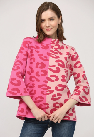 The Bengal Colorblock Animal Pattern Mock Neck Sweater