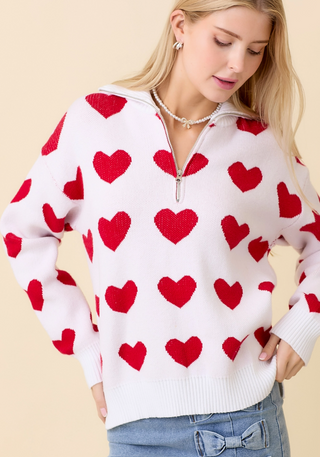 Heart Knitted Jacquard Half Zip Sweater