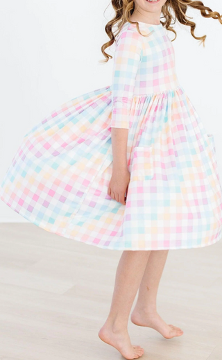 Pastel Plaid 3/4 Sleeve Pocket Twirl Dress