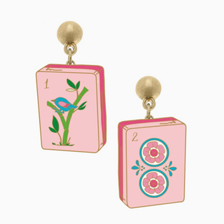 Mahjong Tile Enamel Earrings in Light Pink