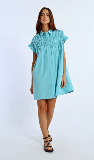 GATHERED SHIRT DRESS - Turquoise