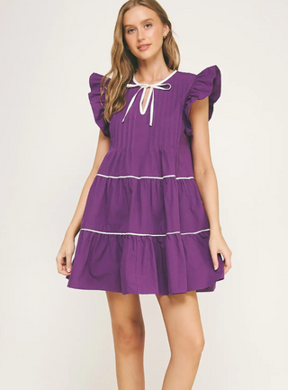 Purple Pintuck Tie Dress