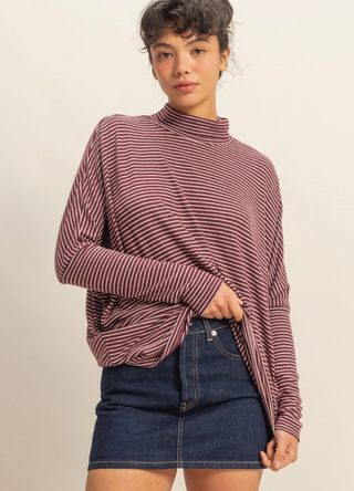 Striped Turtleneck Dolman-Sleeve Top