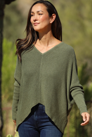 One Size V Neck Rib Sleeve Hi Lo Pullover Sweater