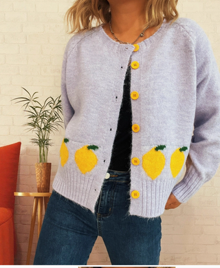 Lemon Jacquard Color-Block Casual Knit Cardigan