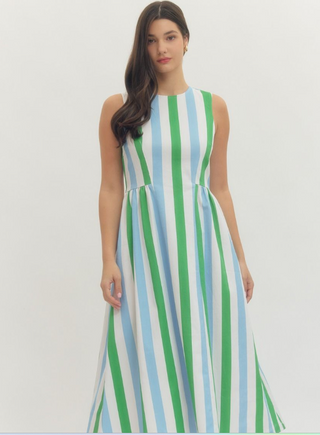 Green and Blue Striped sleeveless midi dress