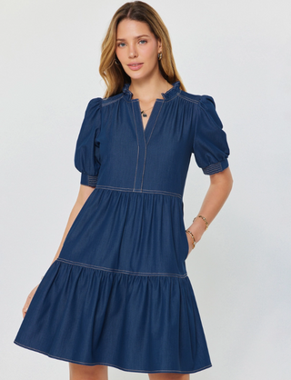 Denim Tiered Short Sleeve Mini Dress